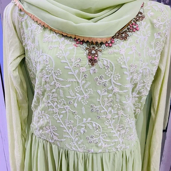 Full flaired beautifully embroidered pastel green gown for party wear - Picture 10 of 11